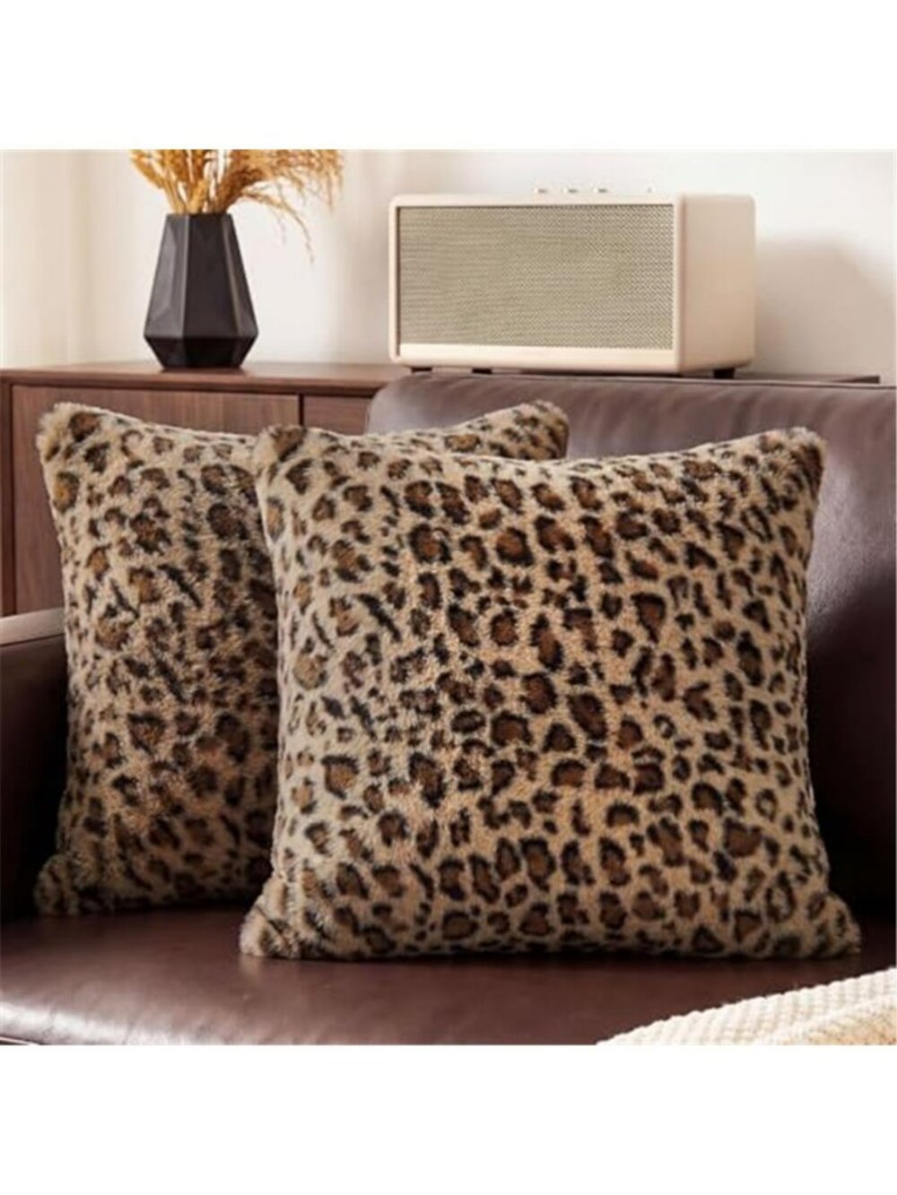 Leopard Throw Pillow Covers 18x18 Set of 2, Soft Faux Fur Cheetah Pillow
